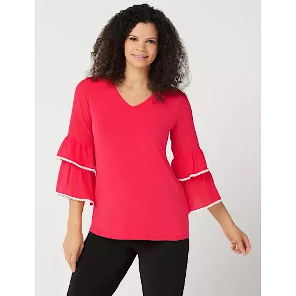 Susan Graver Liquid Knit Bell Sleeve‎ Blouse 3X Coral Bohemian Preppy Crochet